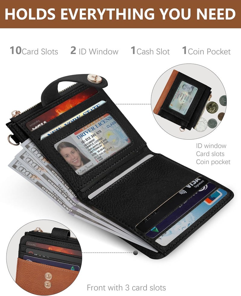 Sunpour Small Wristlet Wallets for Women Keychain Wristlet Wallet RFID Blocking Key Chain Wallet With Zipper Coin Pocket,2 Id Window (Brown＆Black) - Image 4